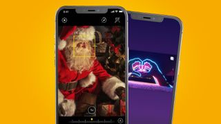 Two phones on an orange background showing a Santa photo and Christmas lights