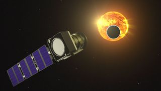 An artist’s concept of the Pandora mission, seen here without the thermal blanketing that will protect the spacecraft, observing a star and its transiting exoplanet.