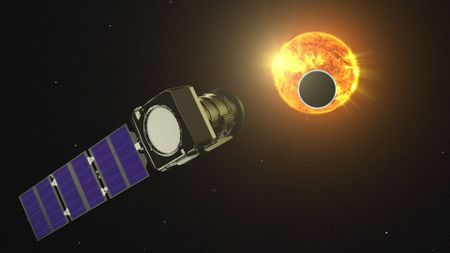 An artist’s concept of the Pandora mission, seen here without the thermal blanketing that will protect the spacecraft, observing a star and its transiting exoplanet.