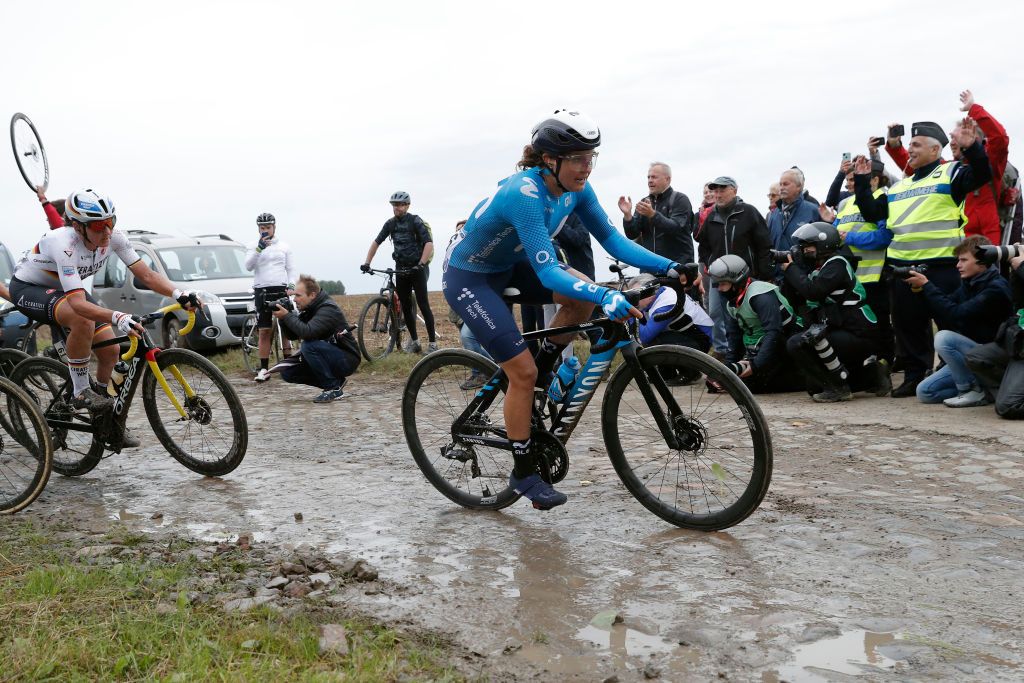 ROUBAIX FRANCE OCTOBER 02 Leah Thomas of United States and Movistar Team competes through cobblestones sector during the 1st ParisRoubaix 2021 Womens Elite a 1164km race from Denain to Roubaix ParisRoubaixFemmes ParisRoubaix on October 02 2021 in Roubaix France Photo by Bas CzerwinskiGetty Images