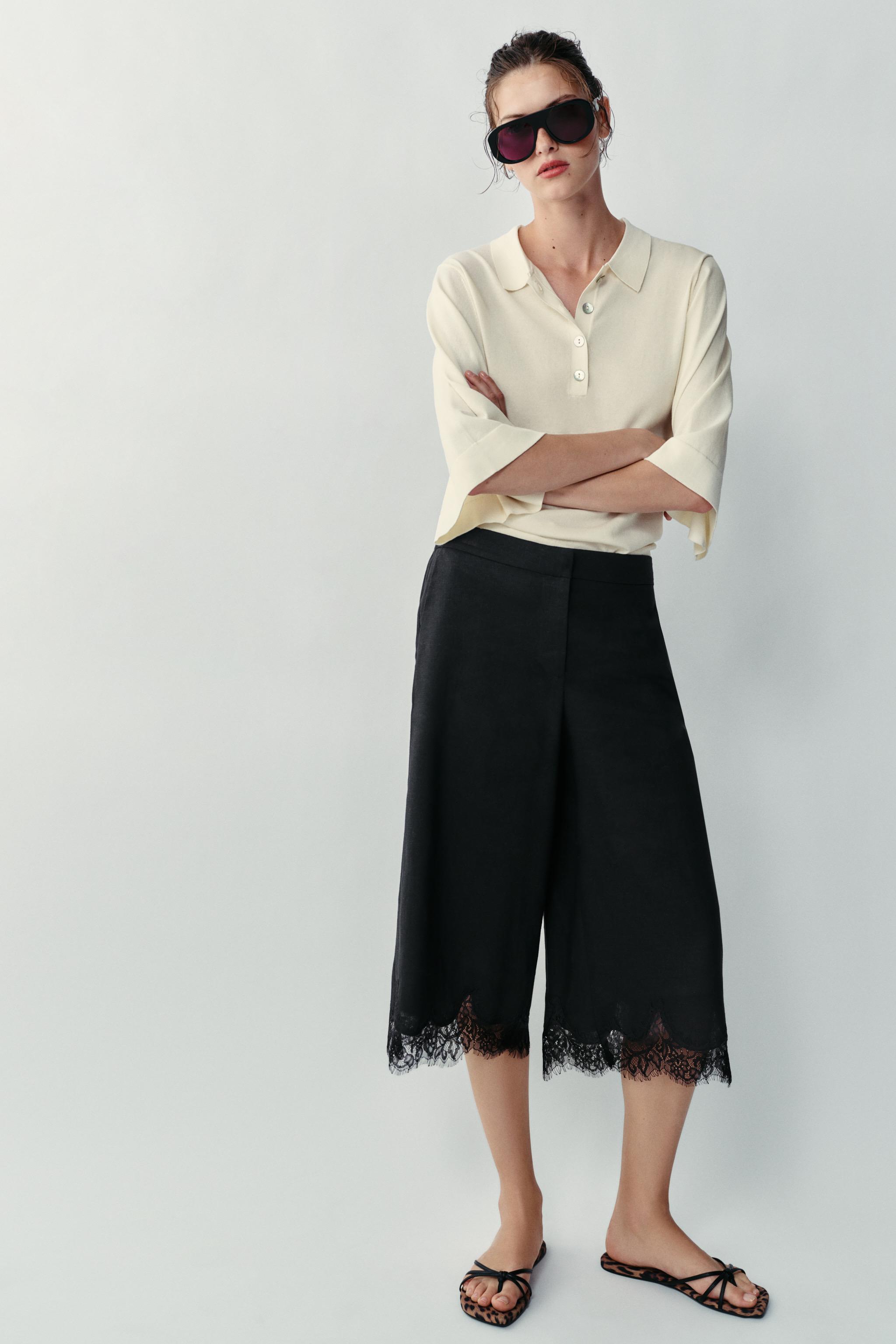 Linen Blend Long Bermuda Shorts With Lace - Black - Xs