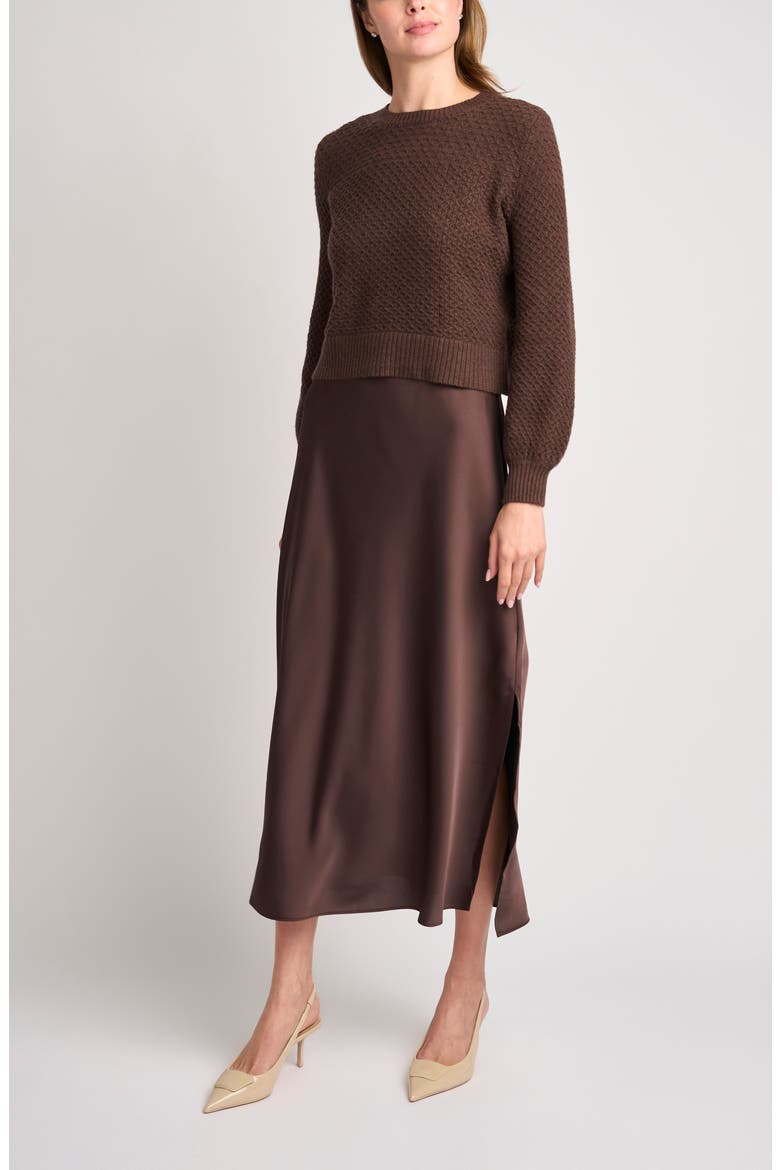 Honeycomb Stitch Puff Sleeve Sweater &amp;amp; Satin Slipdress Set