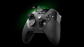 A black Xbox wireless controller against a dark background with a digital overlay showing profile, system select, and connectivity menu settings.