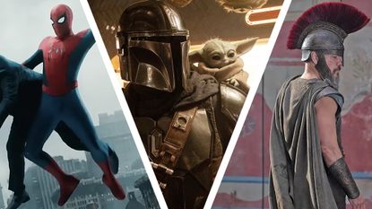A collage image of Spider-Man swinging through New York, The Mandalorian with Baby Yoda on his shoulder, and Matt Damon's King Ithaca looking over his right shoulder