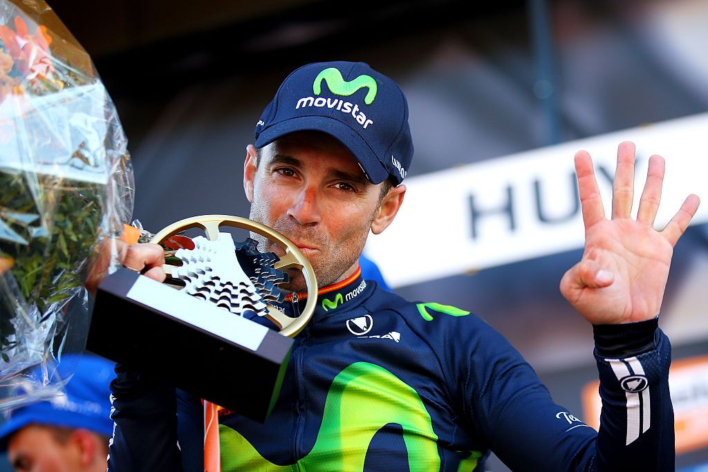 Alejandro Valverde celebrates his fourth win in La Fleche Wallonne