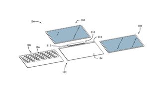 Modular MacBook Pro patent showcasing basic design with keyboard and touchscreen panel modules.