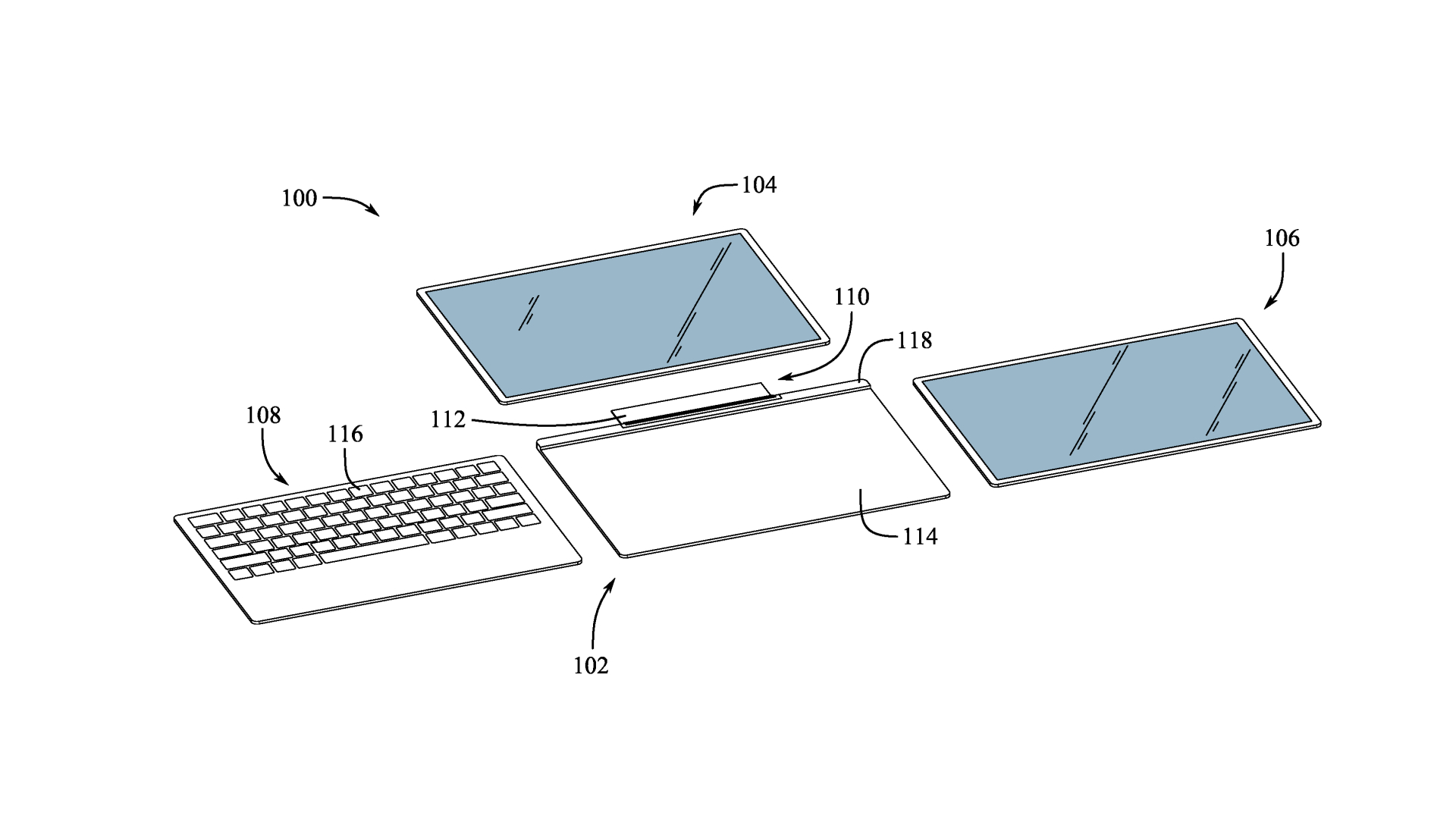 Modular MacBook Pro patent showcasing basic design with keyboard and touchscreen panel modules.