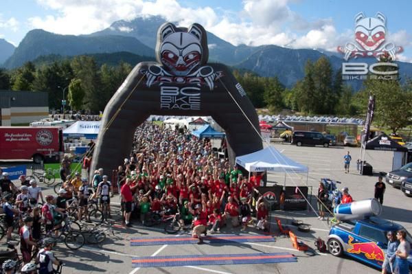Racers all lined up for the penultimate stage of the BC Bike Race