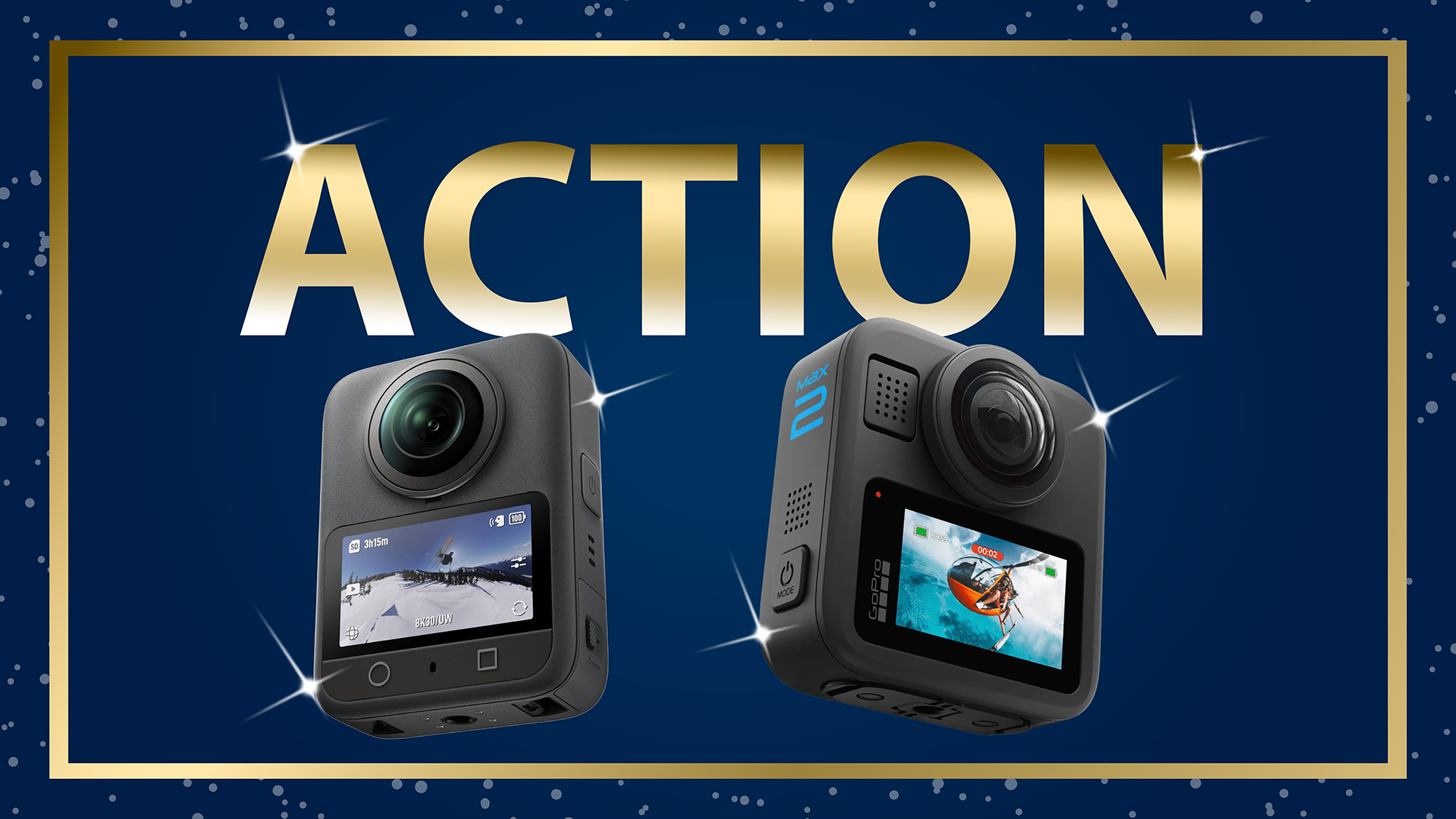 Gear of the year 2025 with gold writing and border and a blue background with cameras