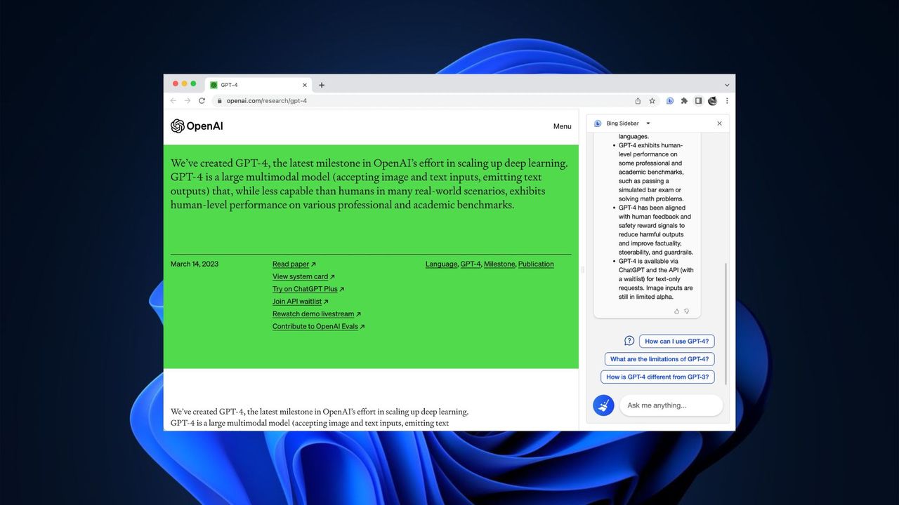 Bing Chat summarizing text in Google Chrome