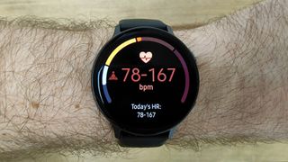 Samsung Galaxy Watch Active 2 review: watch worn on wrist showing the 'Today's Heart Rate' feature