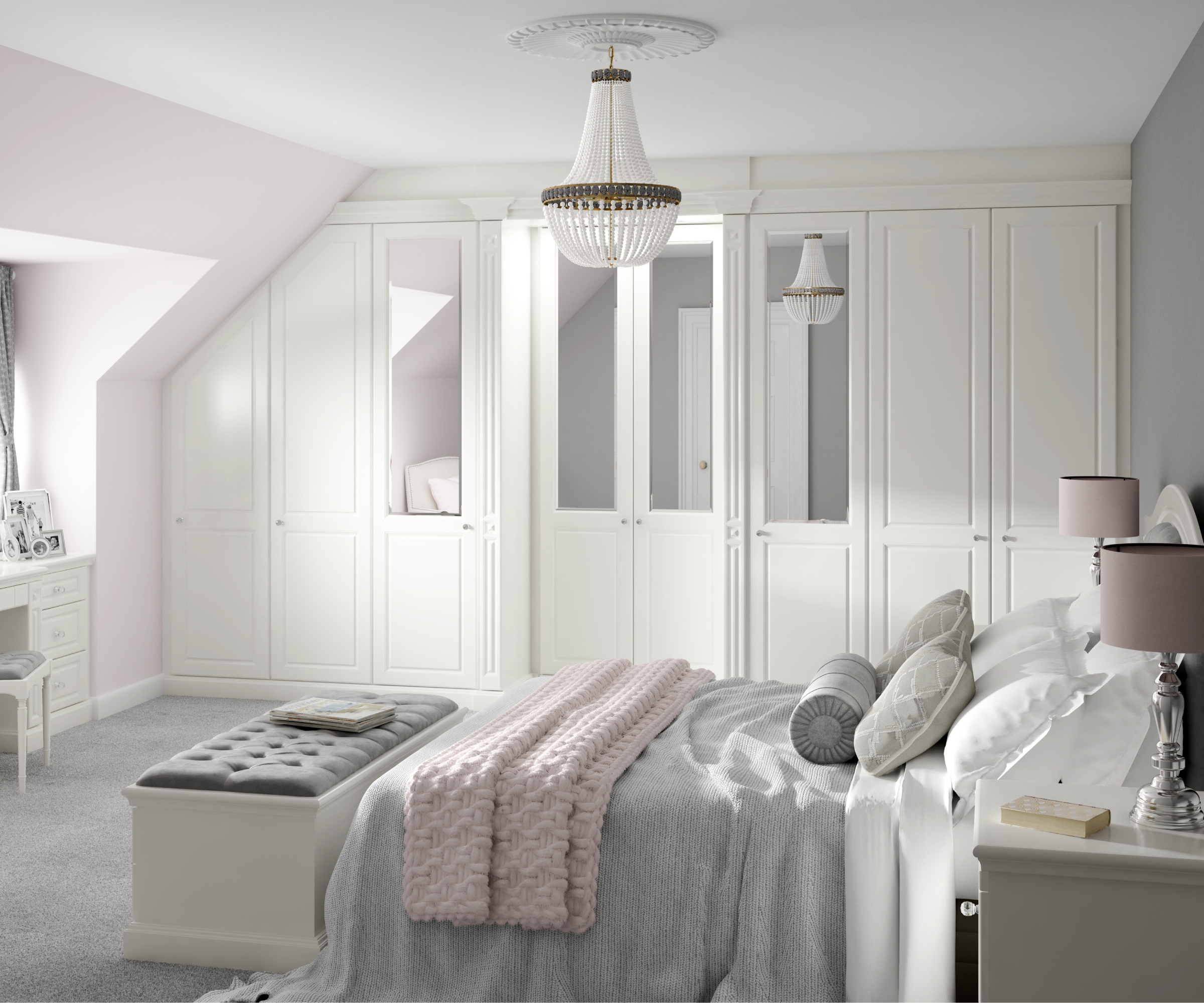 bedroom loft conversion with white built in wardrobes, hidden door feature and pink, white and grey walls and bedding