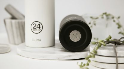 Two of the best water bottles around – one black and one white – on a kitchen counter with coasters and plants