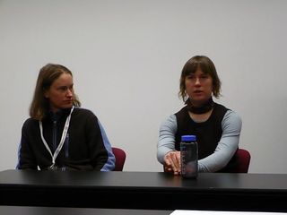 Retired elite women Alison Dunlap and Sarah Uhl at the first-ever conference empowers women's cycling
