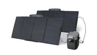 A photo of the EcoFlow DELTA Portable Power Station and two 160 watt solar panels.