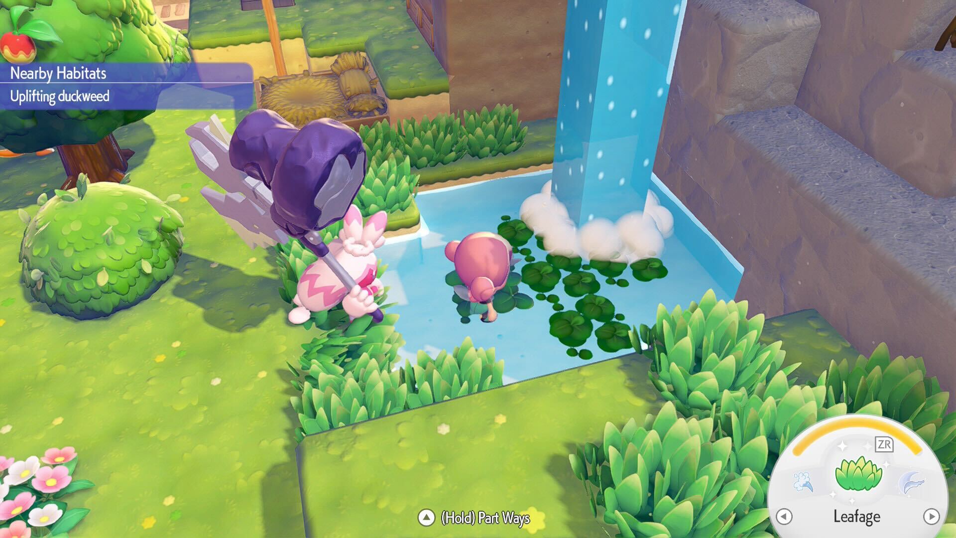 A waterfall spot with duckweed growing in Pokemon Pokopia