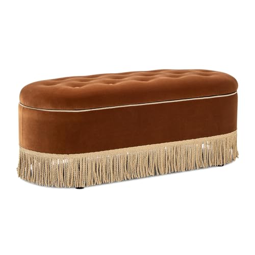 Jennifer Taylor Home 48.5" Oval Tufted Bullion Fringe Storage Bench, Burnt Orange Performance Velvet