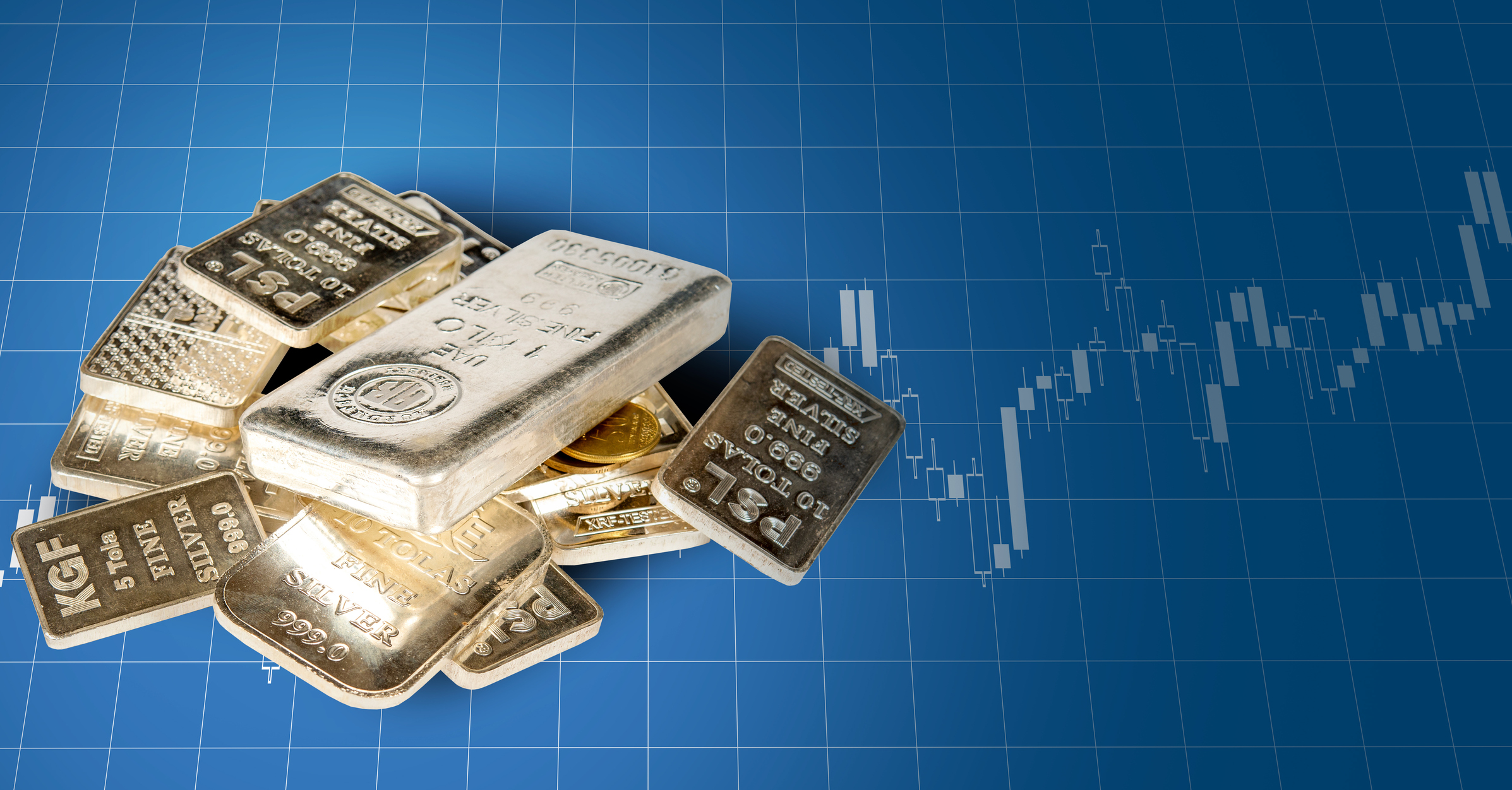 Bars of Silver with blue candles going upward trend showing repricing background