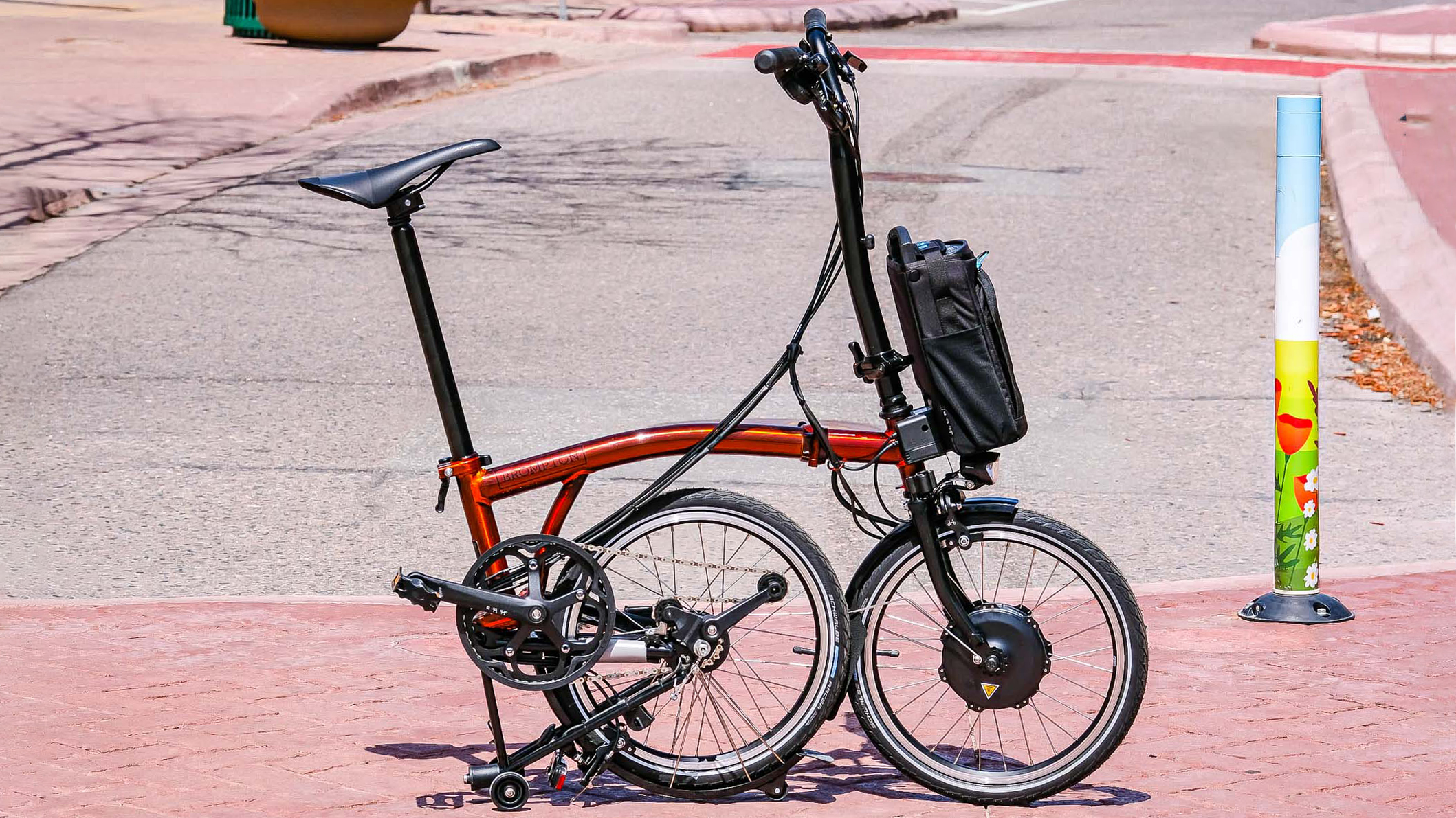 Brompton Electric C Line Explore with rear wheel folded