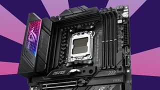 The ROG Strix X670-E motherboard with a wacky purple background