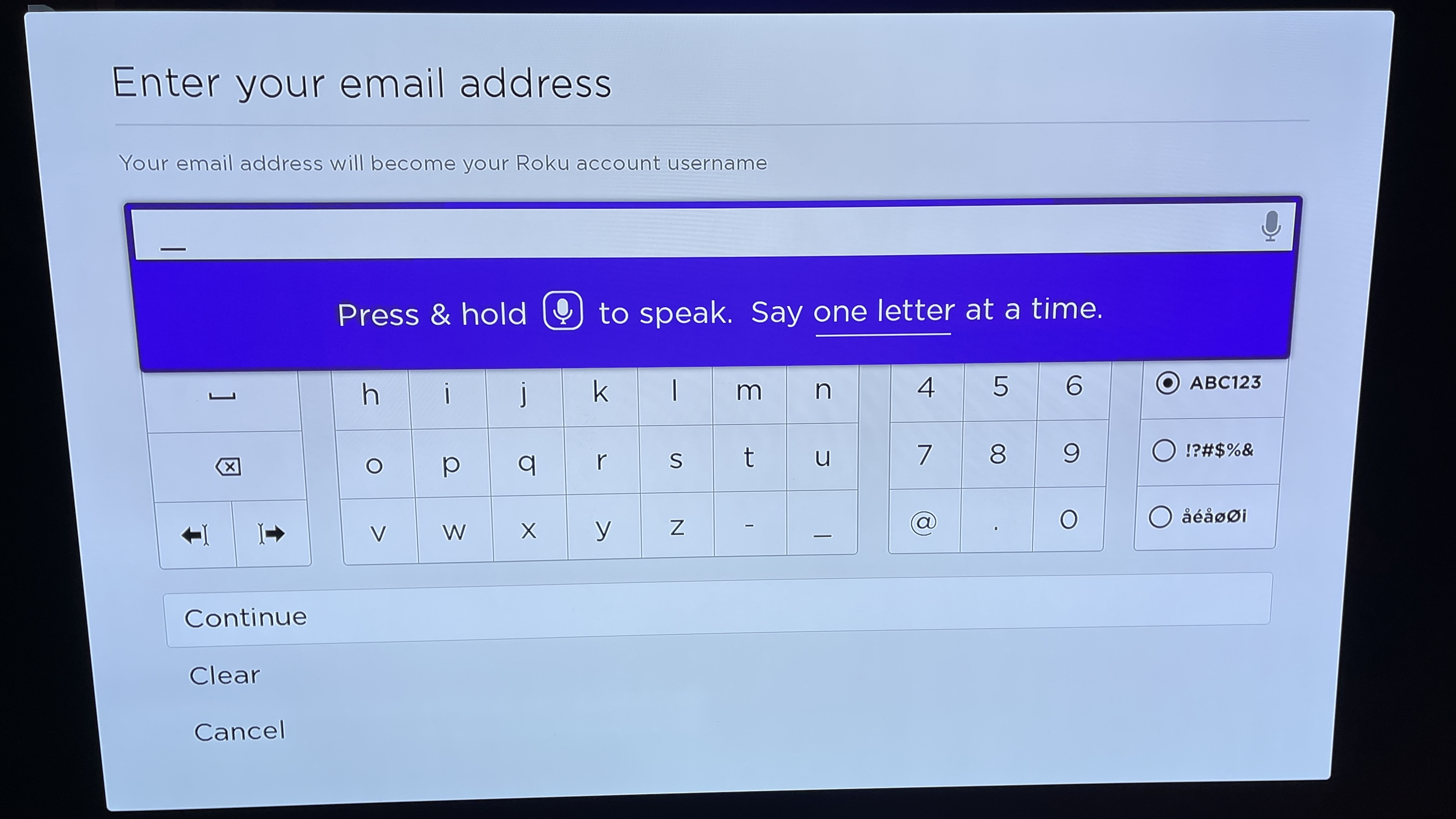 Roku account email input screen