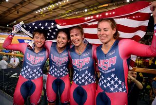 US riders Kelly Catlin, Chloe Dygert, Jennifer Valente and Sarah Hammer celebrate after winning the women's team pursuit final.