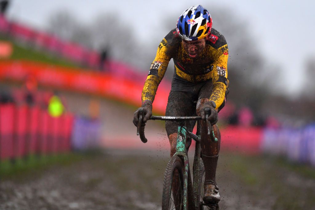 DENDERMONDE BELGIUM DECEMBER 27 Wout Van Aert of Belgium and Team Jumbo Visma Mud during the 1st Dendermonde World Cup 2020 Men Elite dendermonde CXWorldCup UCICyclocrossWC Cyclocross on December 27 2020 in Dendermonde Belgium Photo by Luc ClaessenGetty Images