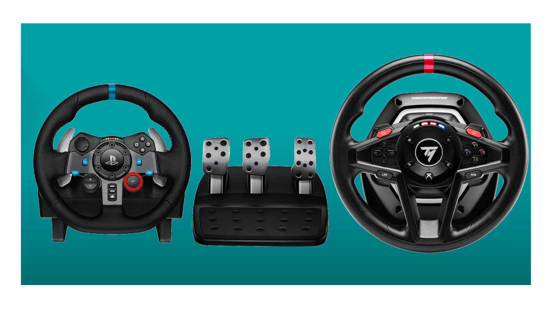 Logitech G29 Racing Wheel and Thrustmaster T128 Racing Wheel against a blue background