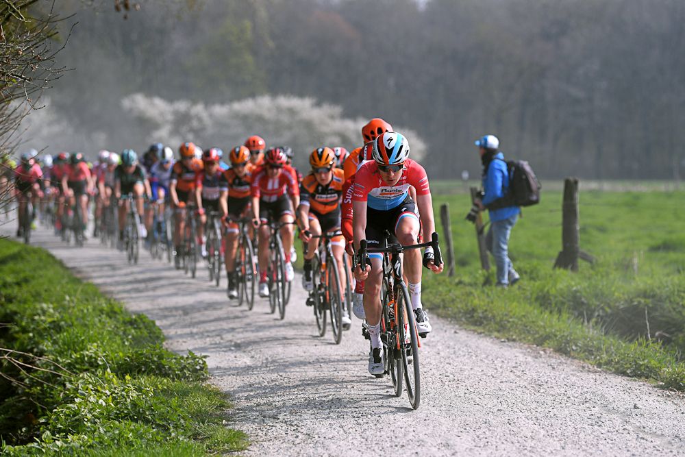 Christine Majerus on the front of the Gent-Wevelgem peloton