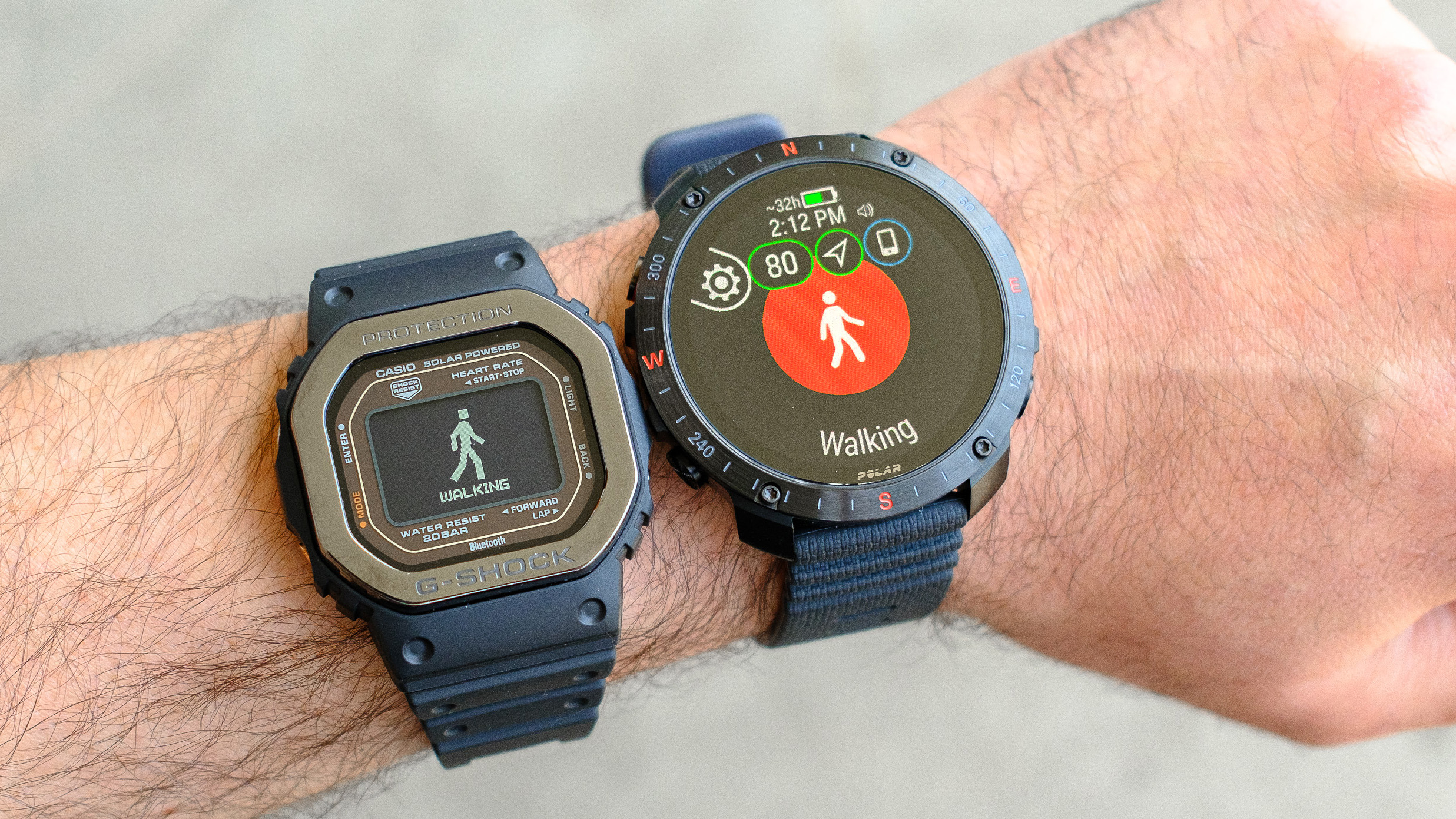 The G-Shock Move and Polar Grit X2 Pro smartwatches on the same wrist