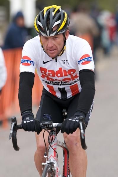 Lance Armstrong (Mellow Johnny's) looks like he is feeling his years after a hard, wet, snowy stage.