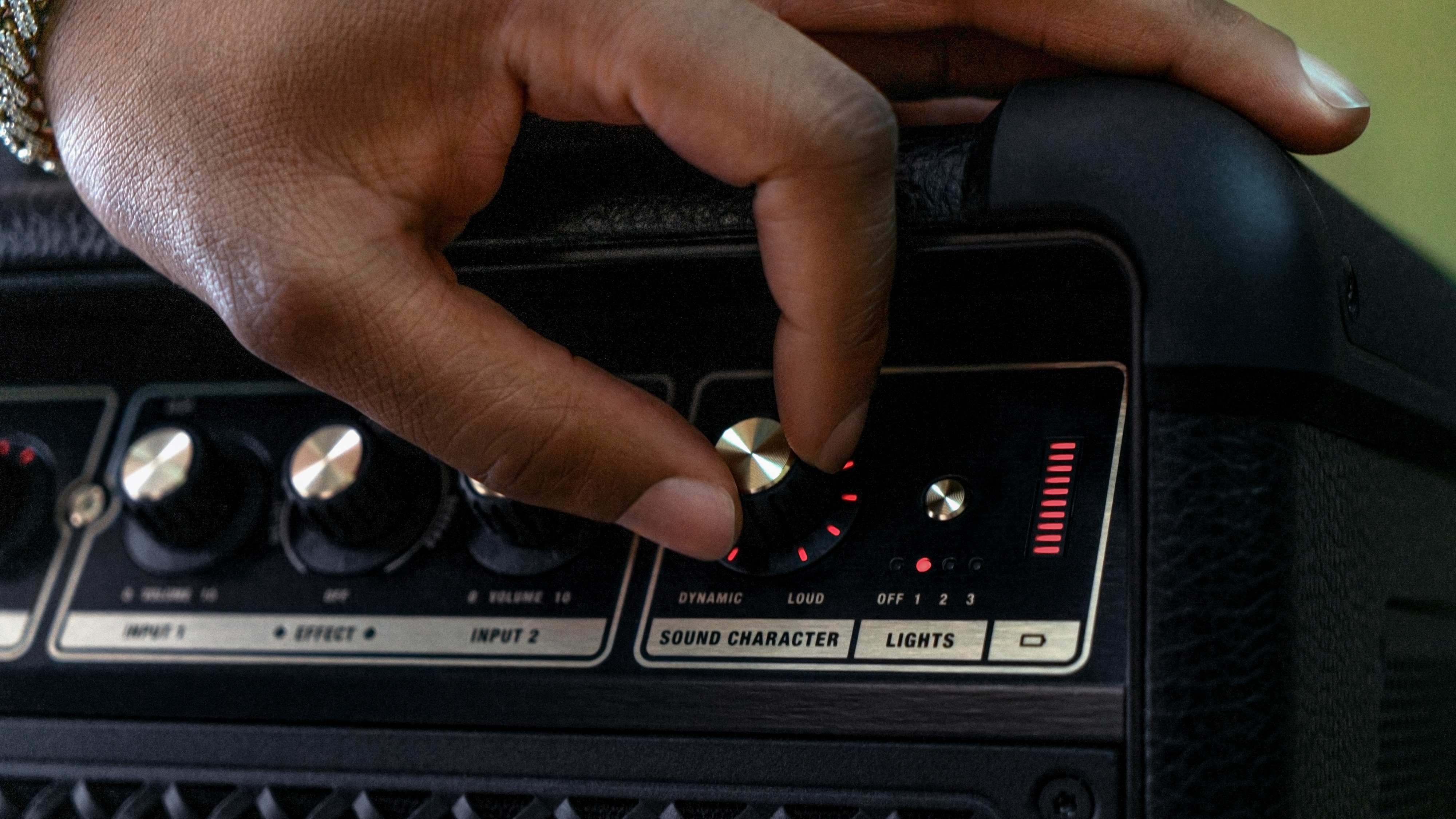 Marshall Bromley 750 party speaker control dials being used