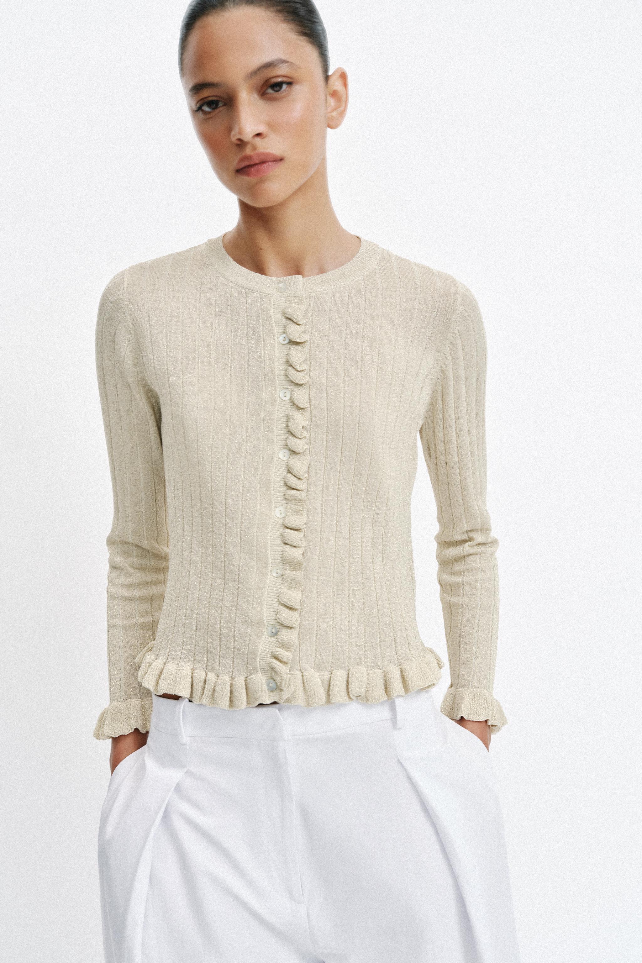 Metallic Thread Knit Cardigan With Ruffles