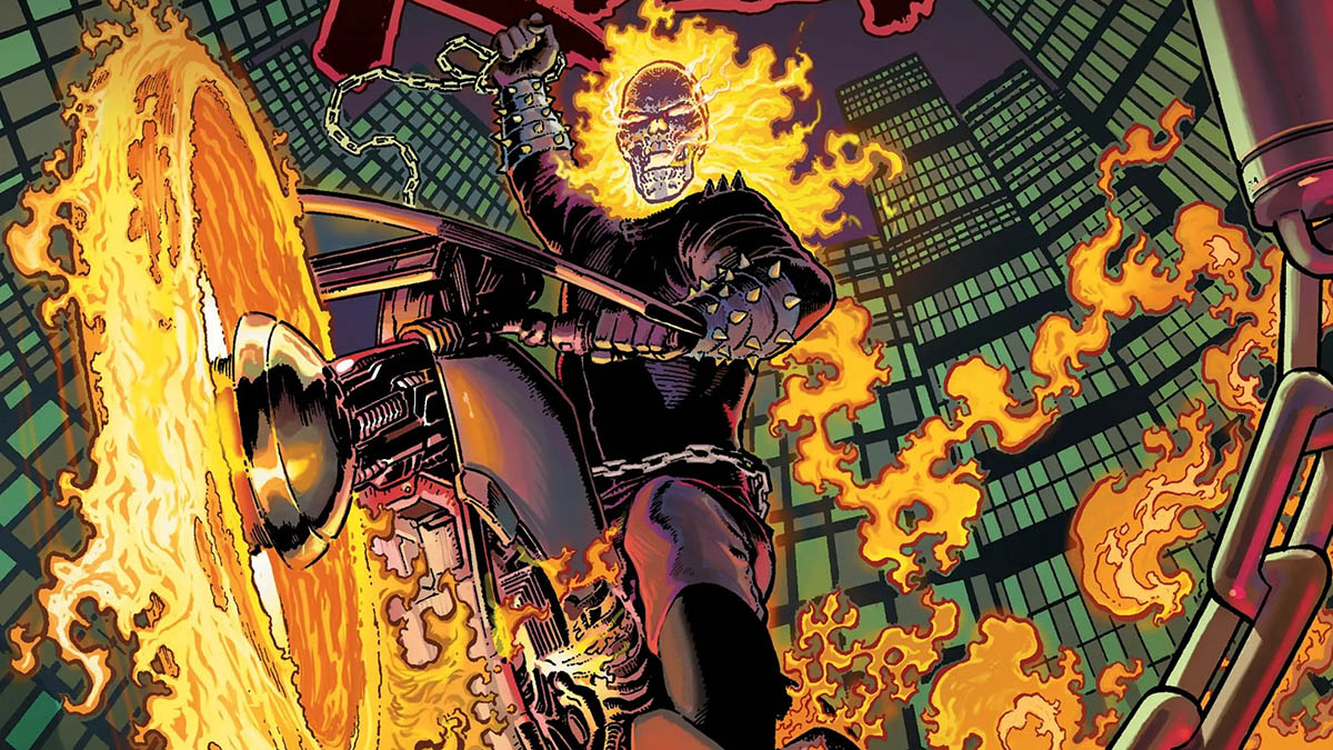 The cover of a Ghost Rider comic book showing Johnny Blaze on his motorcycle