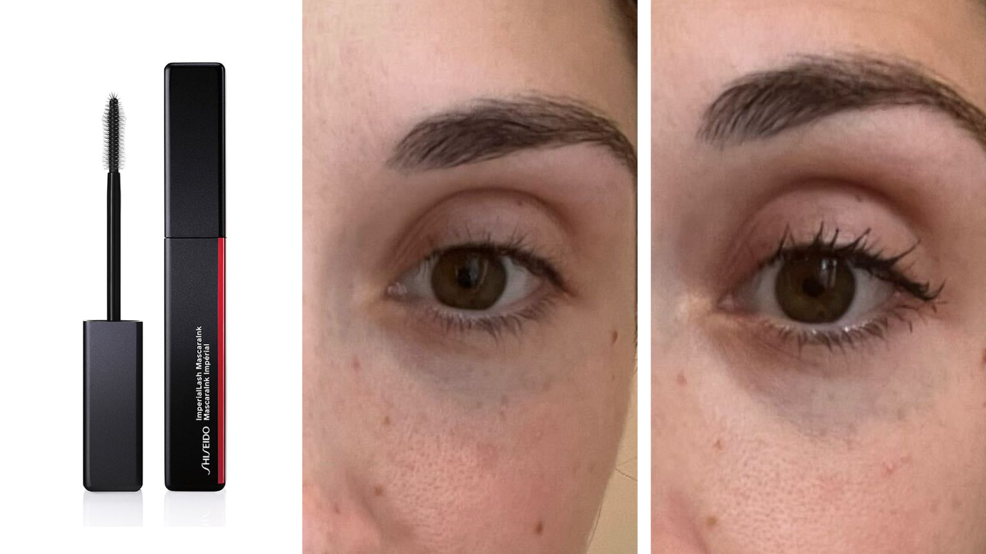 Jess Beech&#039;s lashes before and after wearing Shiseido ImperialLash MascaraInk, next to a product shot