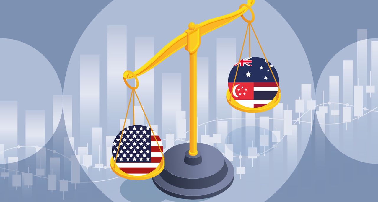 US flag and Asian economy