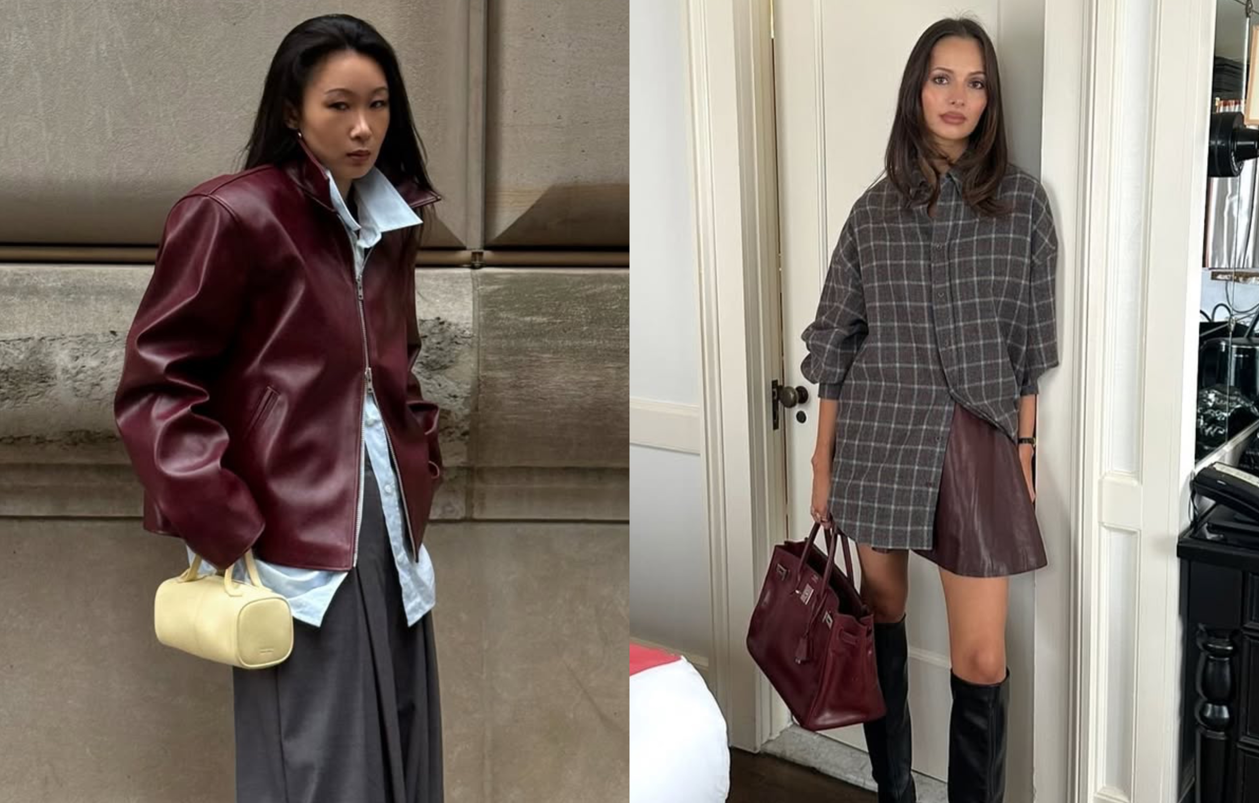 Two women holding colorful handbags.