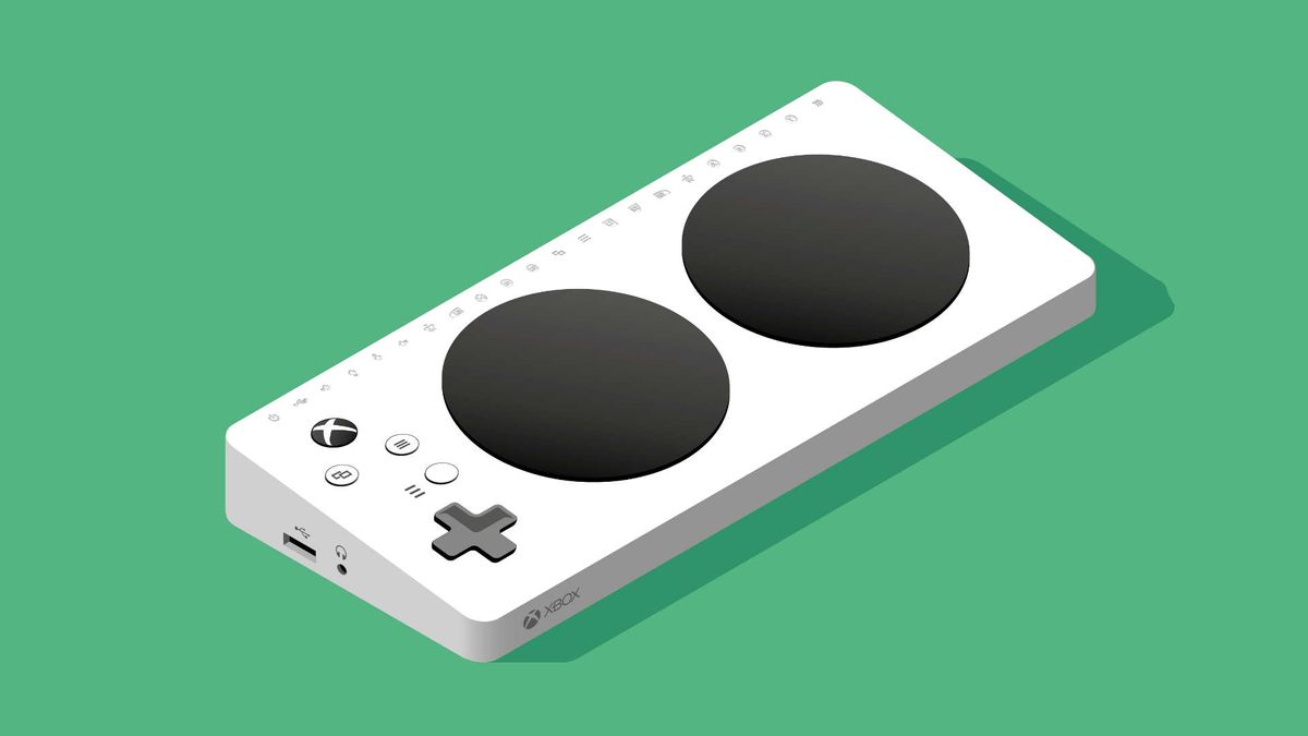 A cartoon Xbox Adaptive Controller (XAC) on a green background