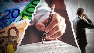 A composite image of some Euro notes, a person signing a contract, and an agent on the phone