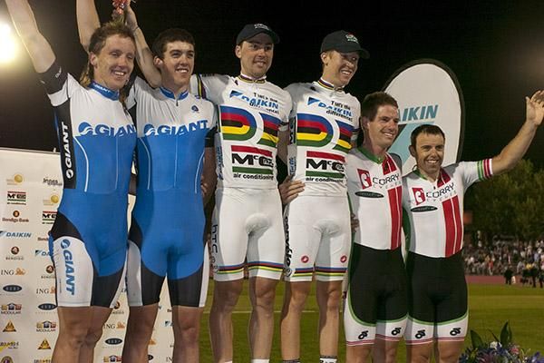 The madison podium (l-r):Shane Archbold/Tom Scully (2nd), Leigh Howard/Cameron Meyer (1st), and Glen O'Shea/Tim Decker (3rd).