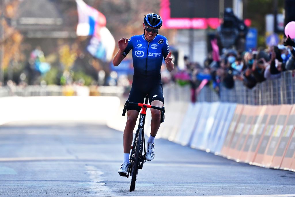 MADONNA DI CAMPIGLIO ITALY OCTOBER 21 Arrival Ben Oconnor of Australia and NTT Pro Cycling Team Celebration during the 103rd Giro dItalia 2020 Stage 17 a 203km stage from Bassano del Grappa to Madonna di Campiglio 1514m girodiitalia Giro on October 21 2020 in Madonna di Campiglio Italy Photo by Stuart FranklinGetty Images