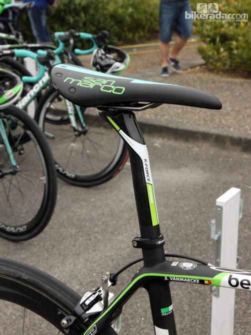 A Selle San Marco Regale saddle with Xsilite rails is clamped to an FSA K-Force carbon seatpost