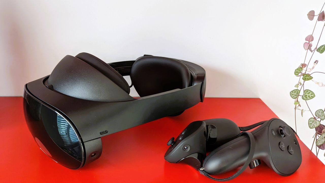 Meta Quest Pro review: virtual reality headset on red shelf