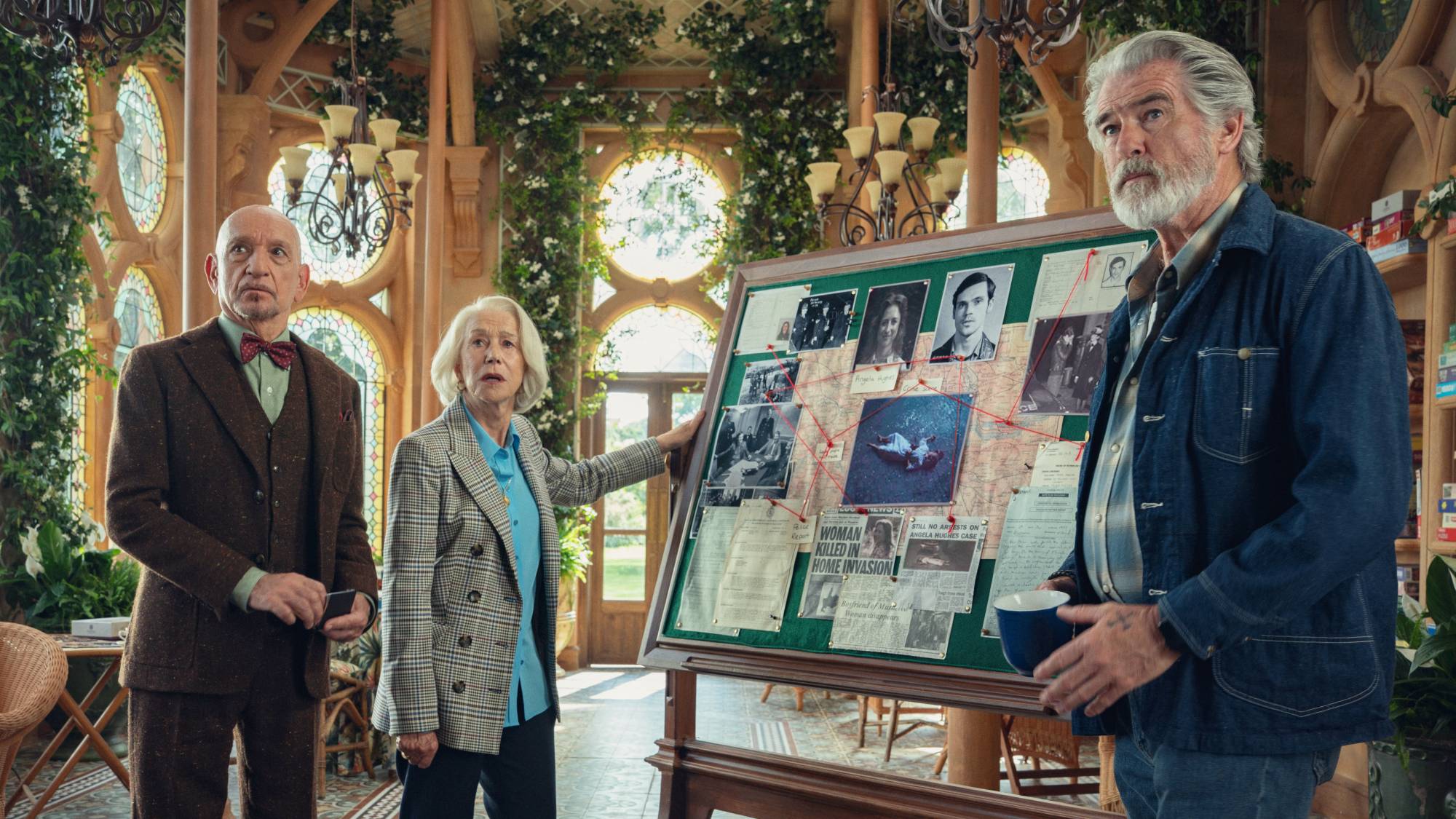 Sir Ben Kingsley, Helen Mirren, and Pierce Brosnan in "The Thursday Murder Club" on Netflix