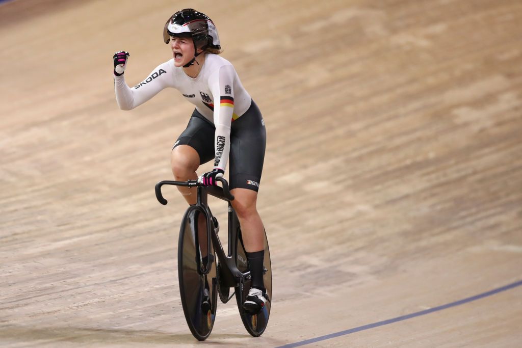 BERLIN GERMANY FEBRUARY 29 Lea Sophie Friedrich of Germany celebrates after winning at Womens 500m Time Trial during day 4 of the UCI Track Cycling World Championships Berlin at Velodrom on February 29 2020 in Berlin Germany Photo by Maja HitijGetty Images