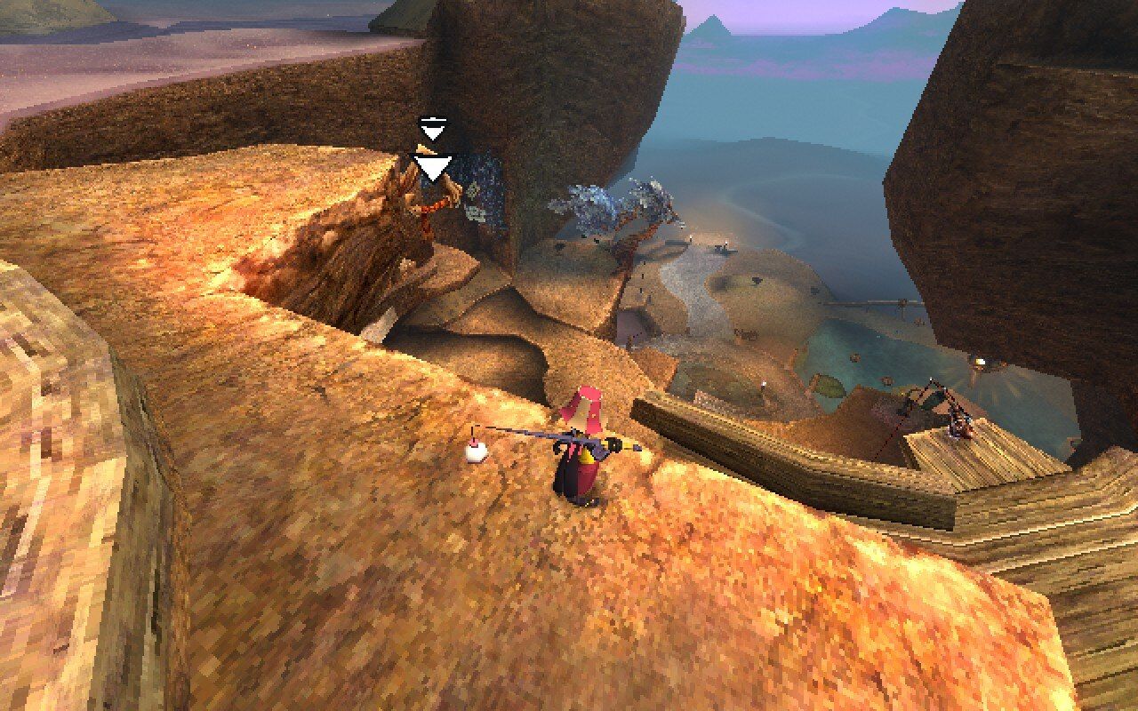 Tackle in The Big Catch: Tacklebox looking down at the game's starting area, a sort of stepped cliff face leading down into a valley.