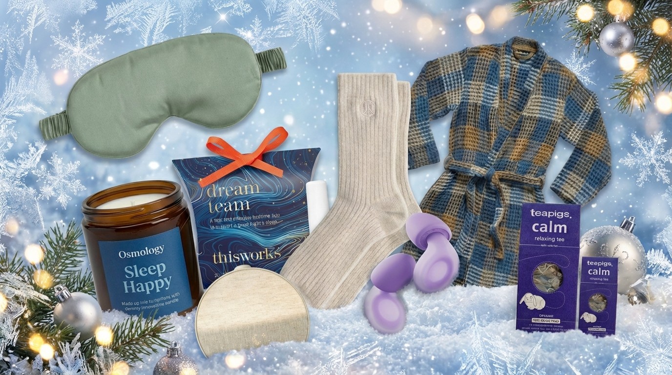 The image show a collage of luxurious sleep gifts including a waffle bathrobe, loop earplugs, scented candle, a box of sleepy tea bags, a silky sleep mask and cashmere socks, set against a festive snowy background