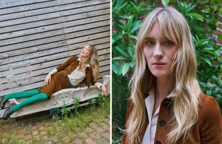 Mackenzie Davis at Hotel Chelsea wearing a brown suede Miu Miu jacket and matching skirt with green tights.