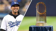 (left) Max Homa wears an LA Dodgers jersey ahead of throwing the ceremonial first pitch in 2019 (right) the World Series trophy