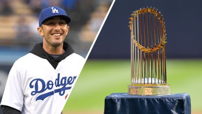 (left) Max Homa wears an LA Dodgers jersey ahead of throwing the ceremonial first pitch in 2019 (right) the World Series trophy